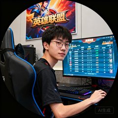 圆形头像照片，一位戴眼镜的年轻男性玩家坐在电竞椅上手握鼠标，背后墙上挂着英雄联盟主题海报，显示器画面停留在赛后数据统计界面。