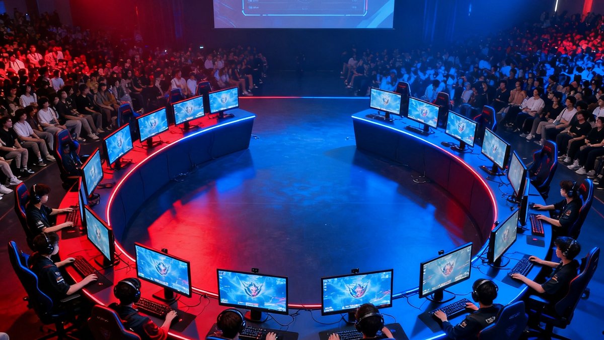 DOTA2梦幻联赛S25赛事现场俯拍照片，十台电竞显示器呈弧形排列，舞台上蓝色与红色灯光交织，观众席人潮涌动，画面中央投影屏幕显示双方BP选人界面。